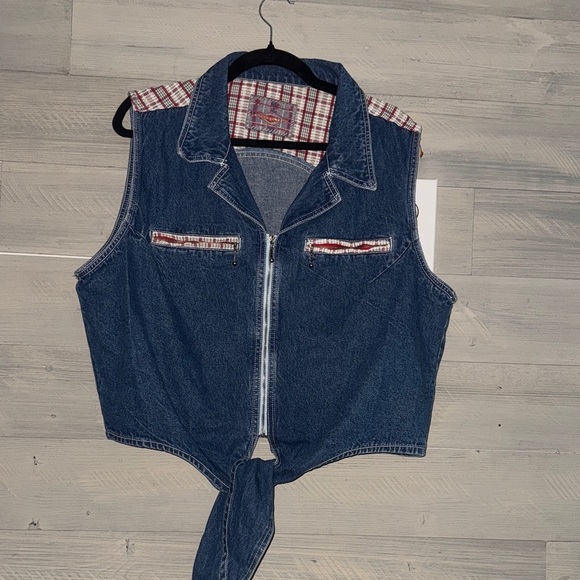 Denim Sleeveless Vest with Red Accents - Picture 1 of 9
